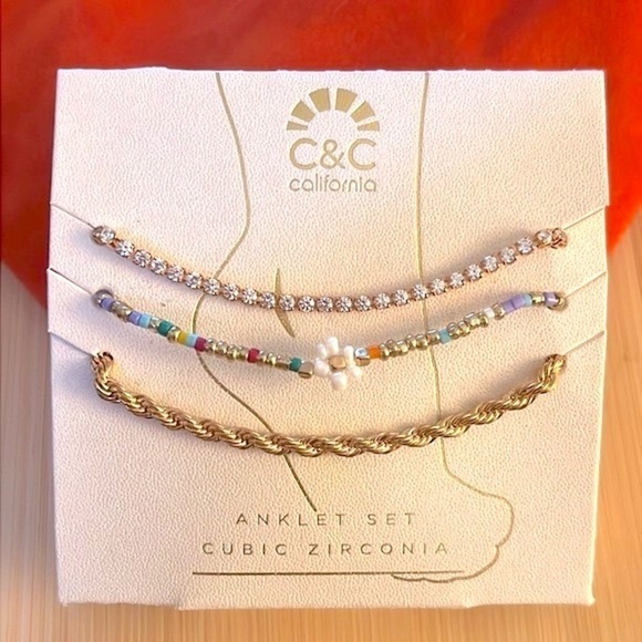 Brand New C&C California Anklet Set Daisy Beaded Gold Tone Braided Rhinestone - Picture 9 of 10